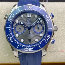 New OM Factory Omega Seamaster Diver 300m Grey Dial Blue Rubber Strap Replica Watch For Men