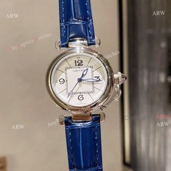 New Pasha De Cartier Watch 35mm white face blue leather strap replica