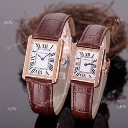 Rose Gold Cartier Tank Couple Watch White Face Brown Leather Strap High Quality Replica