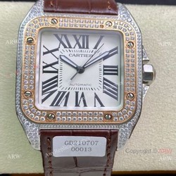 Swiss Quality Iced Out Cartier Santos de Watch Two Tone Rose Gold Sapphire Crystal