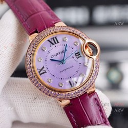 New Ladies Cartier Ballon Bleu 33mm Rose Gold diamond Purple Dial Purple Leather Strap Replica Watches