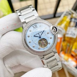 Replica Ladies Cartier Ballon Bleu Tourbillon 36mm Ice Blue Dial Watch With Diamonds