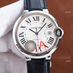 Copy Balloon Blue Cartier SS Silver Face Watch with Black Leather Strap