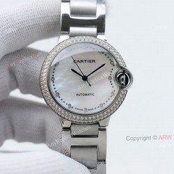 Swiss Quality Cartier Ballon Bleu 36mm White Mop Dial Stainless Steel Copy Watch With Diamonds