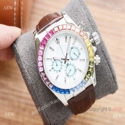 Fake Rolex Daytona Rainbow Watch Leather Band White Dial Japan-quartz