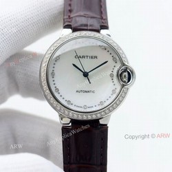 Swiss Quality 36mm Cartier Ballon Bleu Ladies Replica Watch With Diamond Bezel Brown Leather Strap