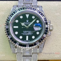 Swiss Replica Rolex Submariner 2836 Iced Out Watch Stainless Steel Black Diamond Bezel