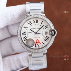 Copy Balloon Blue Cartier Diamond Bezel Silver Face 42mm Automatic Watch