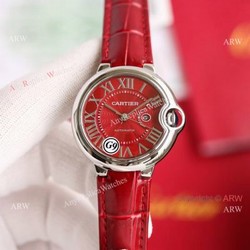 Copy Balloon Blue Cartier Red Dial Watch Polished SS Case Leather Strap