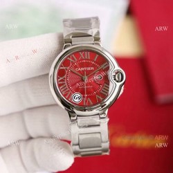 Copy Balloon Blue Cartier Polished SS Case Stainless Steel Strap Red Dial Watch