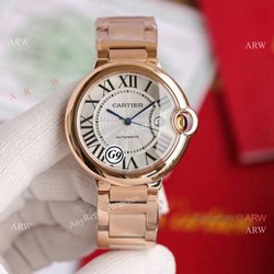 Replica V6 Cartier Balloon Blue Rose Gold Case White Face Watch SS Strap