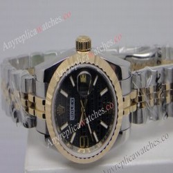 Copy Rolex Lady Datejust 2-Tone Black Wave Dial High Qualtiy Watch 36mm