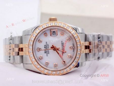 Copy Rolex Datejust Diamond Dial 2-Tone Rose Gold Jubilee White MOP Watch for Woman 31mm