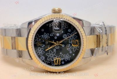 Replica Rolex Datejust watch  Two Tone Oyster Black Flower Dial