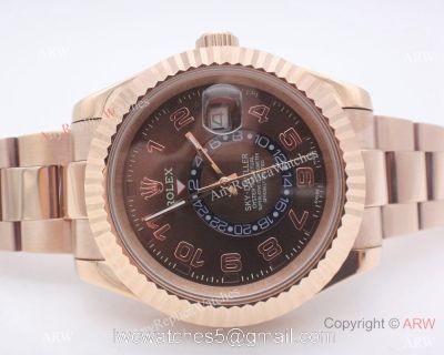 Rolex Sky Dweller Rose Gold Replica Watch w/ Working Time Zone Brown Face