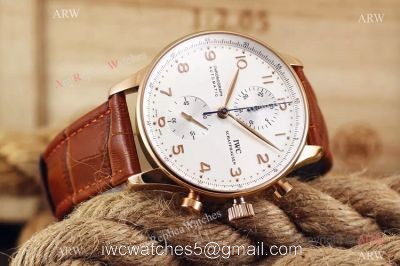 Fake IWC Portuguese Rose Gold Chronograph Watch Black Leather Band