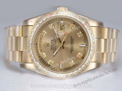 Copy Rolex Gold DayDate Watch Diamond Bezel Gold Face