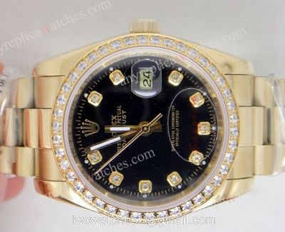 Rolex Datejust Replica Watch  Gold Presidential Band Diamond Bezel Black Face