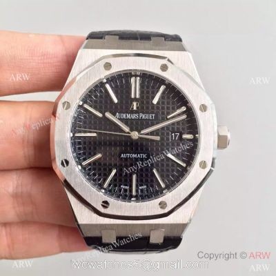 Replica JF Audemars Piguet Royal Oak Ss Black Leather Bracelet  AAA Grade Replica Watches Sale