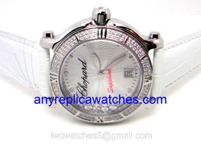 Swiss Quality Happy Sport Chopard Ladies Watch / White Leather / Diamond Watch