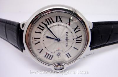 Balloon Blue Fake Cartier Watches Sale  SS Silver Face with Black Leather Strap