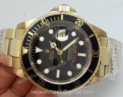 Classic Model Rolex Yellow Gold Submariner Watch Black Face / Black Bezel