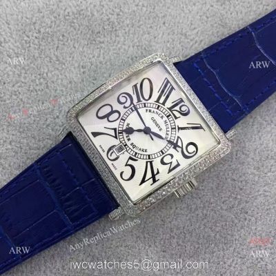 Replica Franck Muller Master Square SS Diamond Bezel Watch Blue Strap