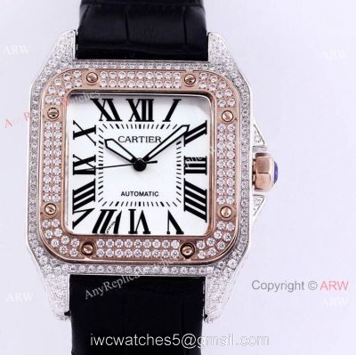 Iced Out Cartier Santos Automatic Watch Replica Two Tone Rose Gold