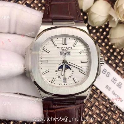 New Patek Philippe Nautilus White Face Annual Calendar Watch Brown Leather Strap