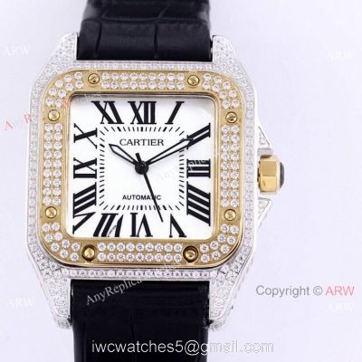 Iced Out Cartier Santos Watch Two Tone Case Automatic Movement