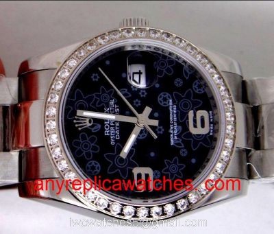 Rolex Datejust Watch SS Oyster Black Flower Face Diamond Bezel