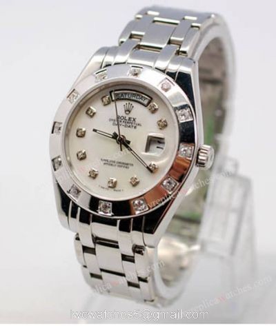 Rolex Day-Date Pearlmaster Stainless Steel White Face Diamond Copy Men Watch