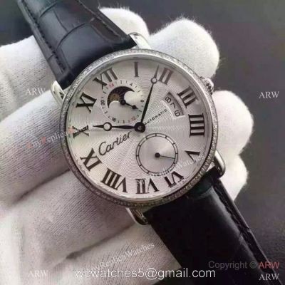 Copy Swiss Cartier Louis Moon Phase Watch SS Diamond Bezel