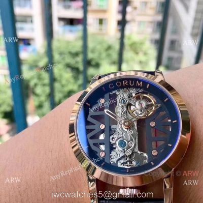 Corum Skeleton Golden Bridge Rose Gold Black Leather Strap Watch