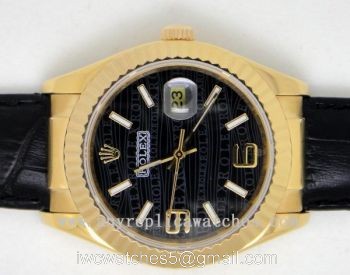 Rolex Replica Datejust Watch  GOLD w/ Black Wave Face Black Leather Band