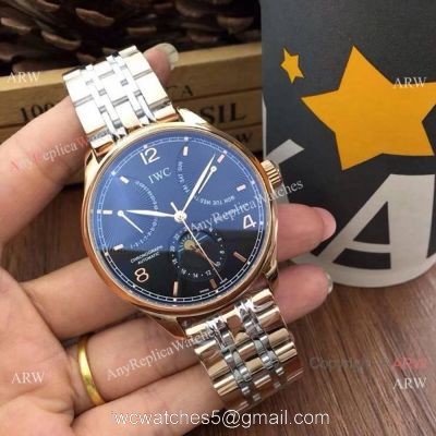 Replica IWC Portuguese Black Face Watch Two Tone Rose Gold Moonphase