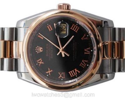 Rolex 2-Tone Rose Gold Black Roman Round Bezel Datejust Genuine Watch