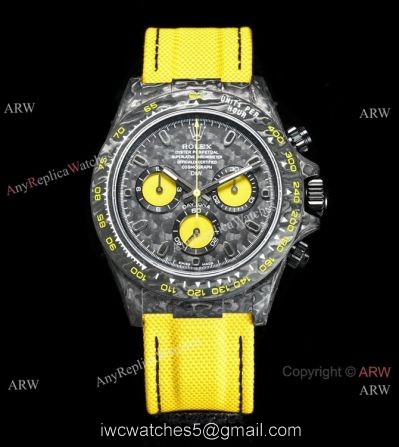 New! TW Factory Rolex Diw Carbon Daytona Swiss 7750 Copy Watch Yellow Fabric Leather Band