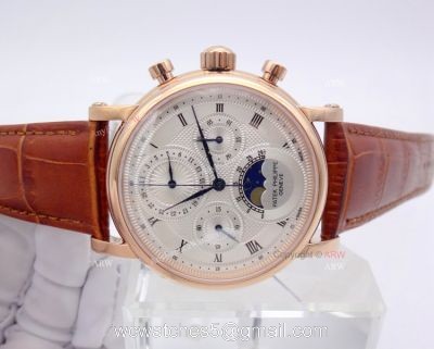 Rose Gold Patek Philippe Moon Phase Brown Leather Mens Replica Watch