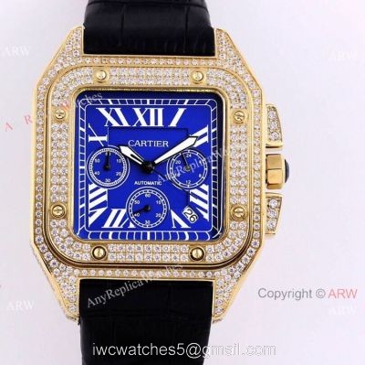 Iced Out Cartier Santos VK Chronograph Watch Blue Dial 45mm