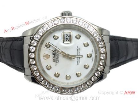 Rolex White MOP Face Diamond Bezel Black Leather Band Watch