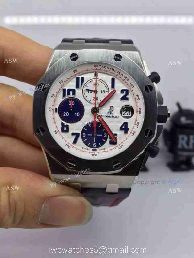 Swiss Audemars Piguet White &038; Blue Chronograph Black Leather Watch