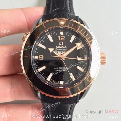 Swiss Replica Omega Seamaster Planet Ocean Deep Black GMT Ceramic  Rose Gold Watch