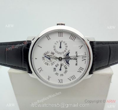 Copy Blancpain Moonphase and Perpetual Calendar Watch White Dial Black Leather Band