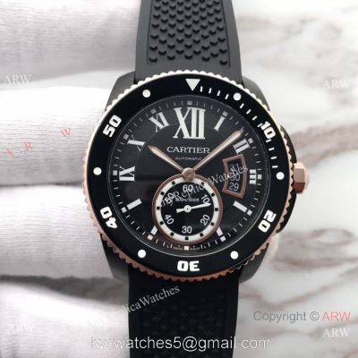 Swiss Fake Calibre De Cartier Diver watch Black PVD Case Rose Gold Fluted Bezel