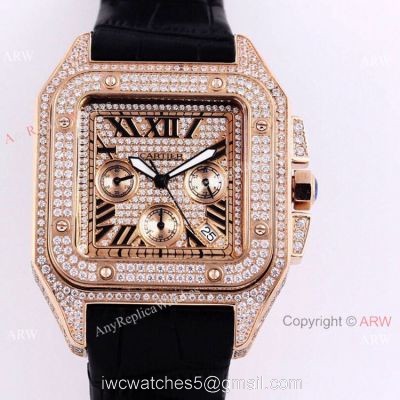 Knockoff Cartier Santos Chronograph Watch Rose  Gold Diamond 45mm