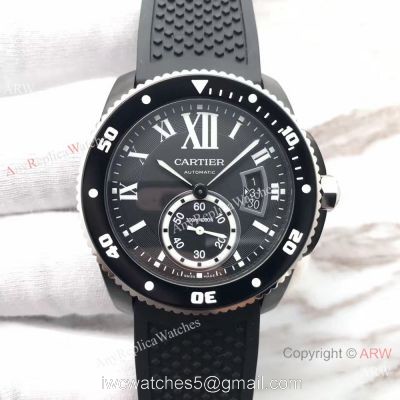 Swiss Replica Calibre De Cartier Diver Black PVD Watch Silver Fluted Bezel