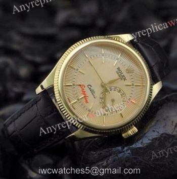 Rolex Geneve Cellini Date Watch Replica  Rose Gold White dial  Brown Leather Strap
