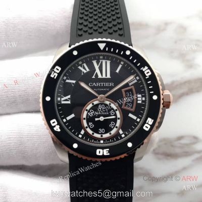 Swiss Grade Cartier Calibre Diver 42mm Watch Rose Gold Fluted Bezel