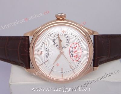 Rolex Geneve Cellini Date Watch Replica  Rose Gold White dial  Brown Leather